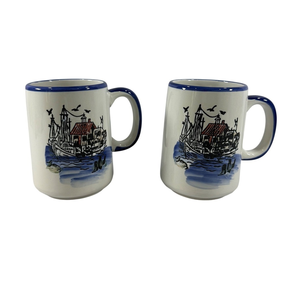 VTG WCL Nautical Fishing Boat Coffee Mugs Cups Set of 2 White Blue Coastal Beach